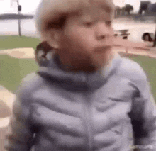 a young boy in a gray jacket is standing in a park with his mouth open .