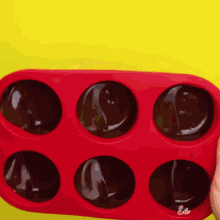 a person is holding a red tray filled with chocolate covered eggs