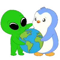 a green alien and a blue penguin are hugging the earth