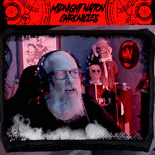 a poster for midnight nation chronicles shows a man with glasses