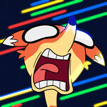 a cartoon of a fox with its mouth open and neon lights behind it