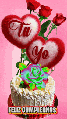 a birthday cake with red roses and hearts that say tu yo