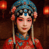 a woman wearing a blue hat with flowers and pearls