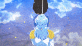 a person with blue hair and gold epaulettes is standing next to another person