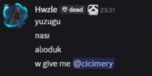 a screen shot of a chat with hwzle dead at 23:31