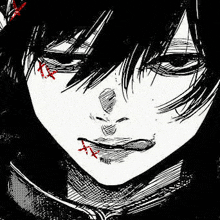 a black and white drawing of a person 's face with stitches in it .