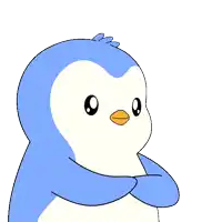 a blue and white penguin is blowing bubbles with penguins on them