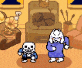 a pixel art drawing of a skeleton and a goat dancing in a living room .