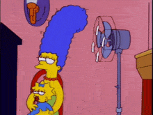 a cartoon of marge simpson and maggie simpson in front of a fan