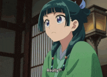 a girl in a green kimono is asking really