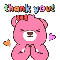 a pink teddy bear says thank you with a bow on its head
