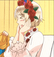 a drawing of a girl with red roses on her head