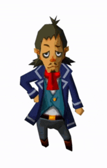 a cartoon character with bullet holes in his face holding a blue object