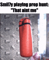 a red punching bag is hanging on a wall with a caption that says " that ain t me "