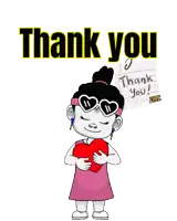 a cartoon girl is holding a heart in front of a thank you sign