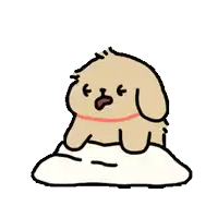 a cartoon dog is sitting on top of a white blanket with its mouth open .