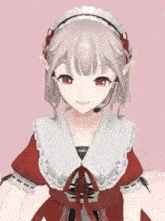 a girl in a maid costume is pointing at the camera