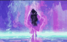 a purple and blue painting of a person in a hooded cape