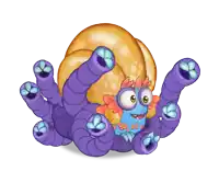 a cartoon drawing of a monster with purple tentacles and a yellow shell on its back