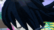a close up of a person 's face in a video game with a pink background