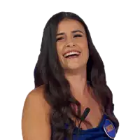 a woman in a blue dress with a name tag that says cameron