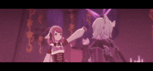 a group of anime characters are standing in a dark room .