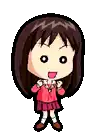 a pixel art drawing of a little girl with brown hair and a red shirt .