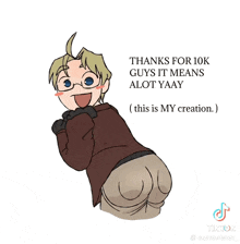a drawing of a man with glasses and the words " thanks for 10k guys it means alot yaay " on the bottom