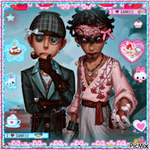 a couple of cartoon characters standing next to each other with the words i love sanrio on the bottom right