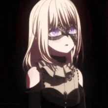 a girl with blonde hair and purple eyes is wearing a mask and a black dress .