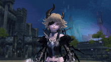 a girl with horns is holding a sword in front of her