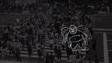 a drawing of a monkey standing in the middle of a crowd of people crossing a street .