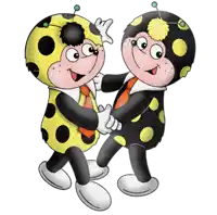 two cartoon characters are shaking hands and one has a leaf on his head