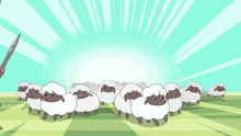 a cartoon of a man holding a sword and a bat standing next to a flock of sheep