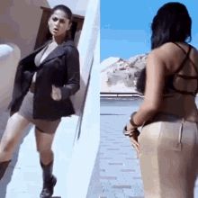 a woman in a black jacket and shorts is walking down a set of stairs .