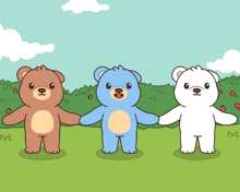 three teddy bears holding hands in a field