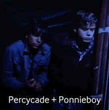 two boys standing next to each other with the words percycade + ponnieboy written below them