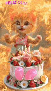 a cat is standing on top of a cake with flowers and candles and says feliz cumple