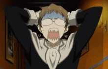 a man with glasses is making a surprised face with his hands on his head