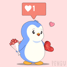 a penguin holding a bouquet of flowers and a heart with the number 520 above him