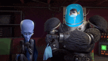 a cartoon character with a fish in a helmet is standing next to another character