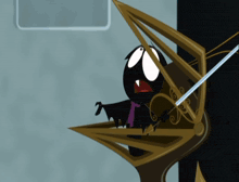 a cartoon character with a purple tie is sitting in a chair