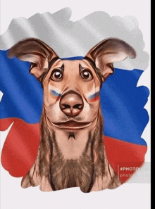 a drawing of a dog with a red white and blue flag in the background