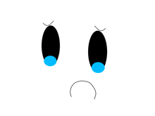 a cartoon face with black eyes and a blue tear coming out of it