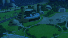 an aerial view of a futuristic city with a large building in the center