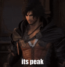 a man with a beard and a cape is standing in a dark room with the words `` its peak '' written below him .