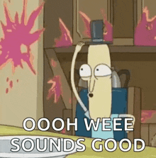 a cartoon character from rick and morty is standing in front of a kitchen counter with flames coming out of the cabinets .