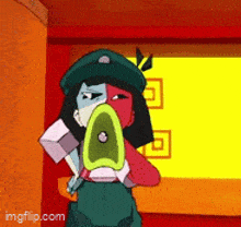 a cartoon character is holding a megaphone in a room .