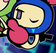 a close up of a cartoon character with a blue hood