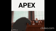a cartoon of a group of people sitting in a courtroom with the word apex on the bottom